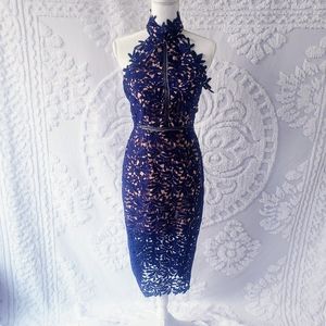 LULU'S BLUE LACE HIGH NECK MIDI DRESS